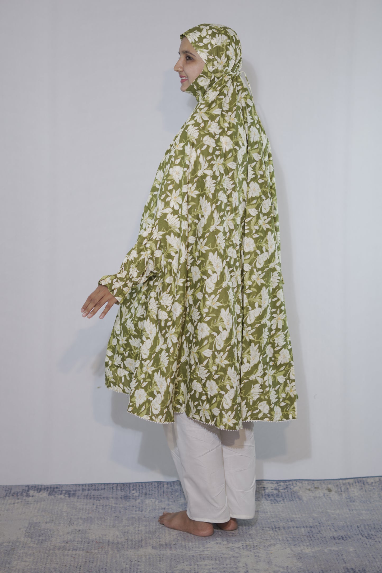 Pastel Green Floral Knee Length Cotton Namaz Makhna