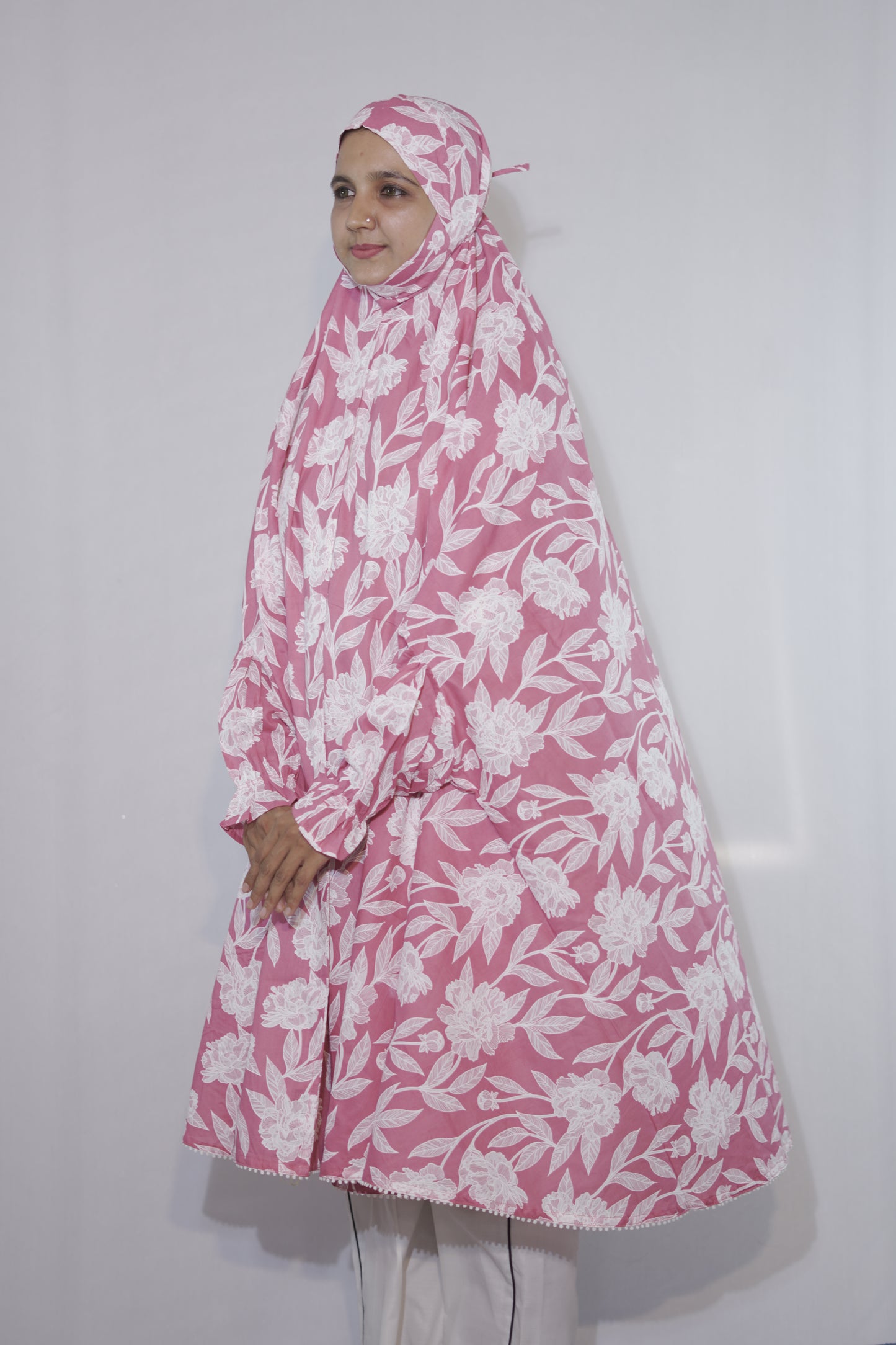 Pink Floral Knee Length Cotton Namaz Makhna