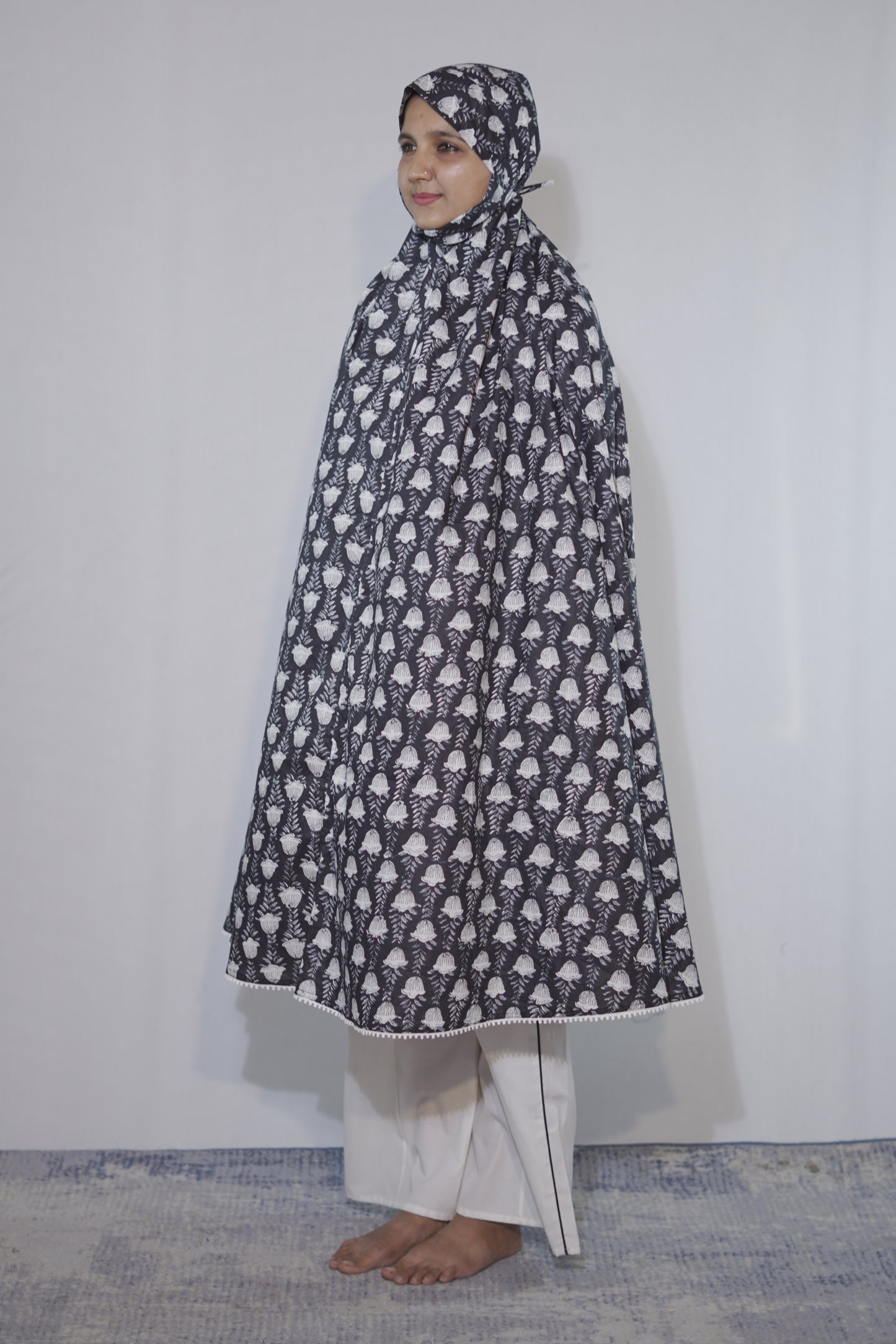 Dark Blue Floral Knee Length Cotton Namaz Makhna