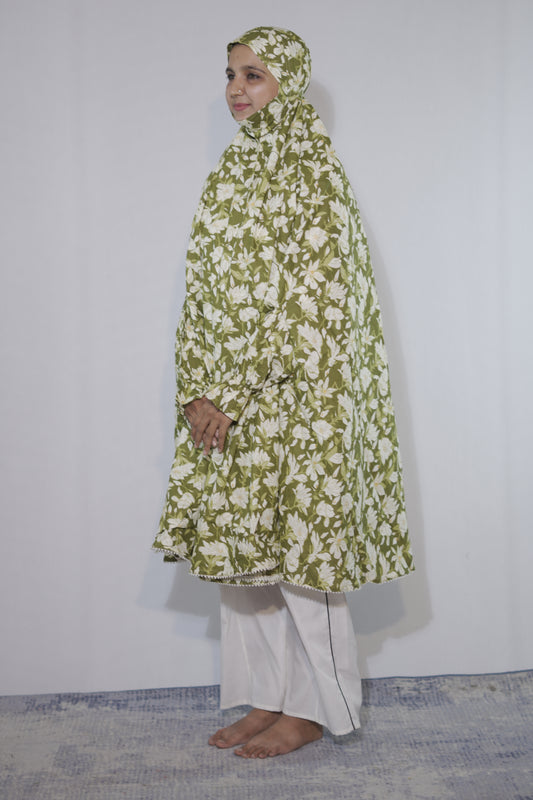 Pastel Green Floral Knee Length Cotton Namaz Makhna