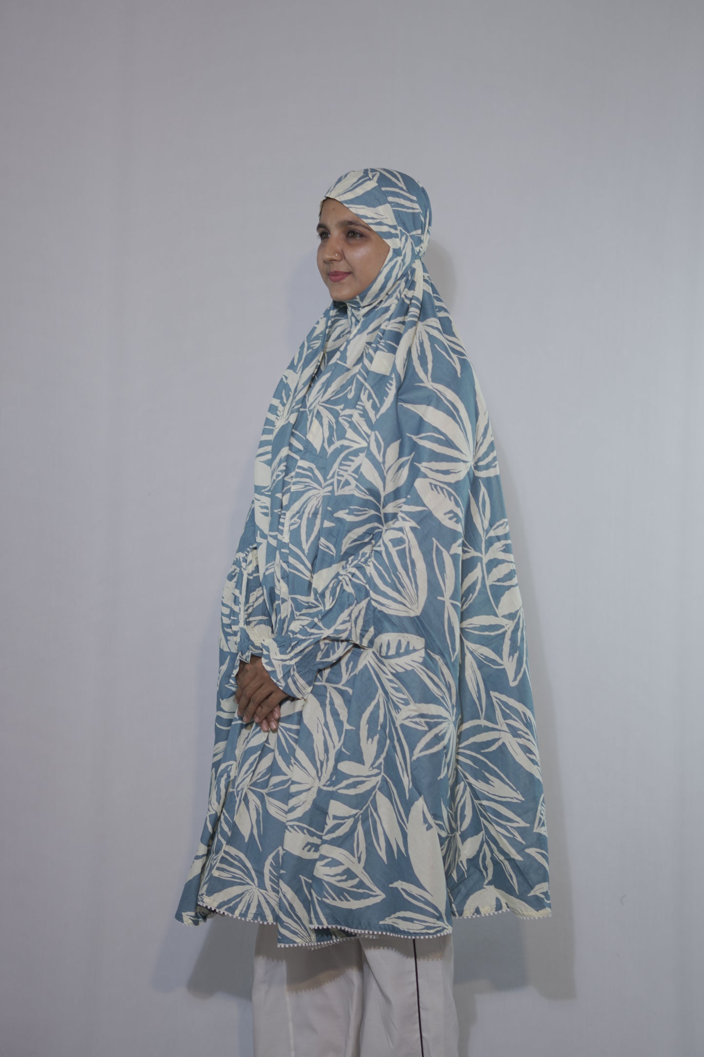 Slate Blue with Ivory Leaf Print Knee Length Cotton Namaz Makhna