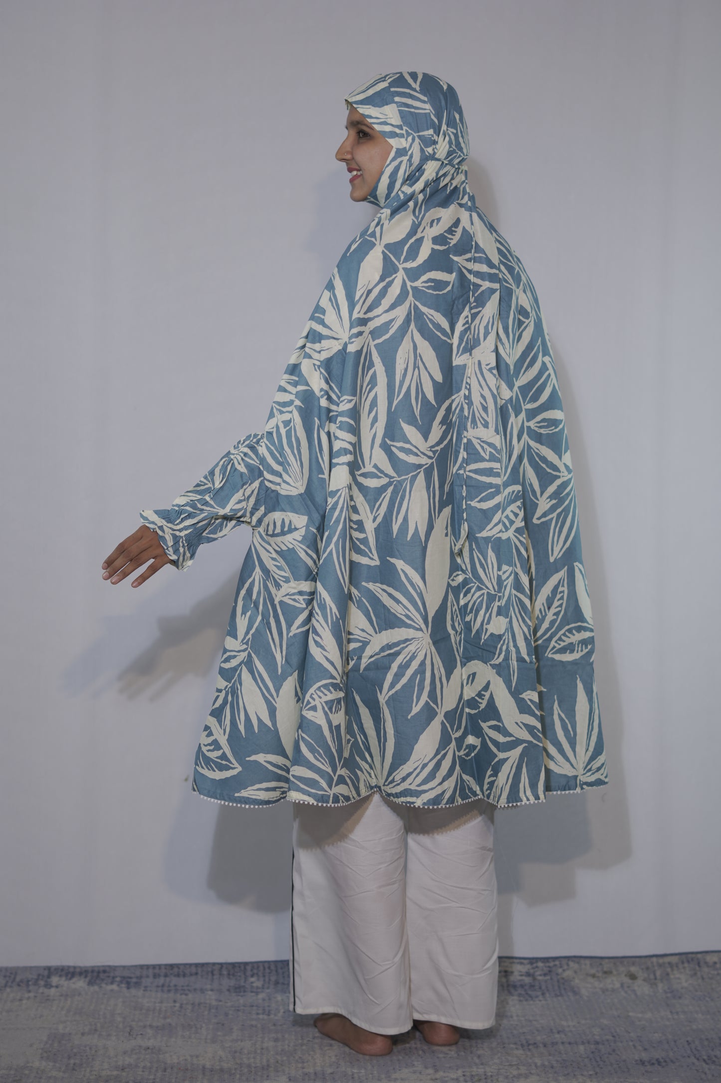 Slate Blue with Ivory Leaf Print Knee Length Cotton Namaz Makhna